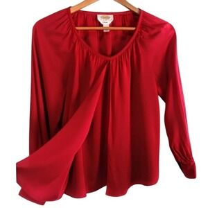 Talbots Red Silk Split Flyaway Front Tunic Top Shirt Blouse Womens Size 8 Petite